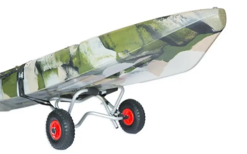 Kayak trolley with kayak strapped